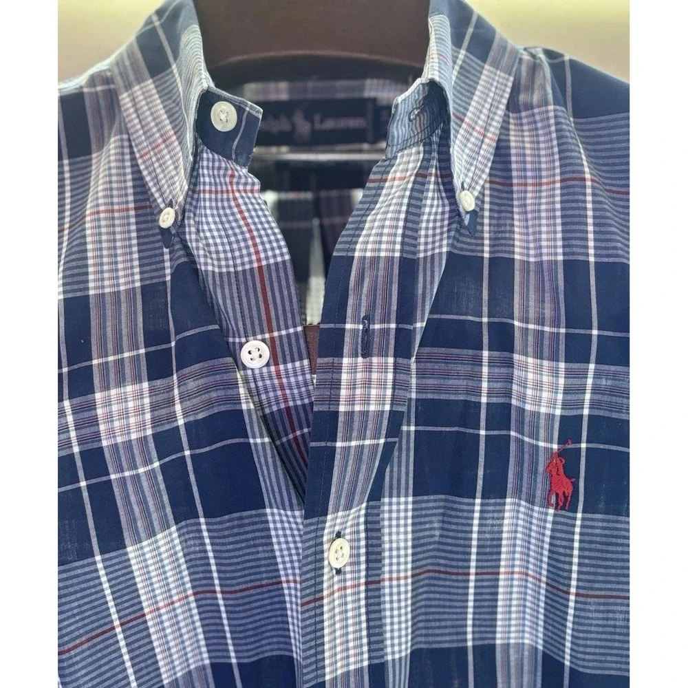 Polo Ralph LAUREN Large 15 -34  Button Down Plaid Long Sleeve Oxford Sport Shirt